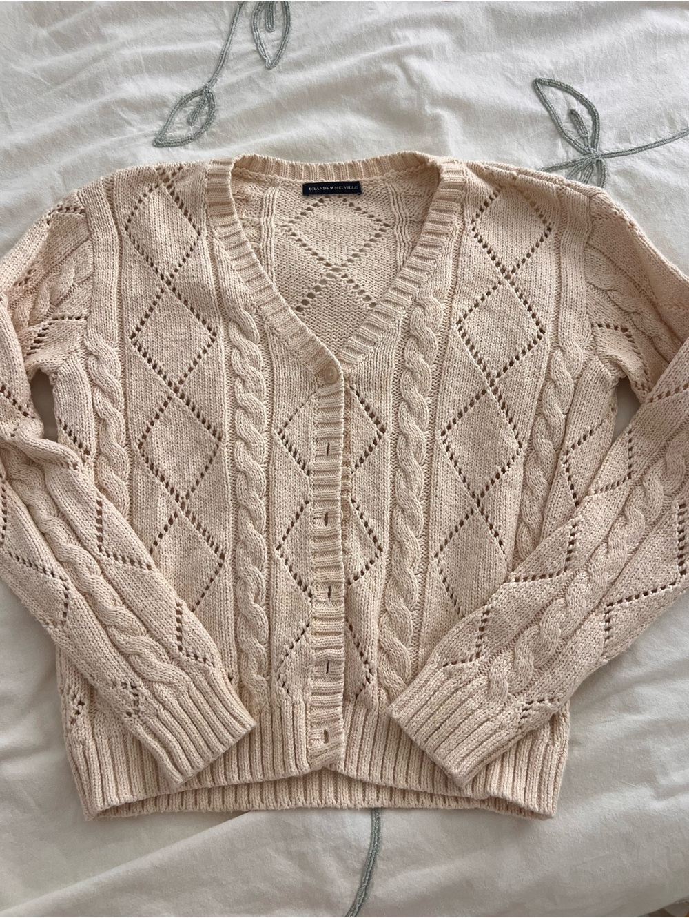 Brandy Melville Cream Openwork Cable-Knit V-Neck Cardigan